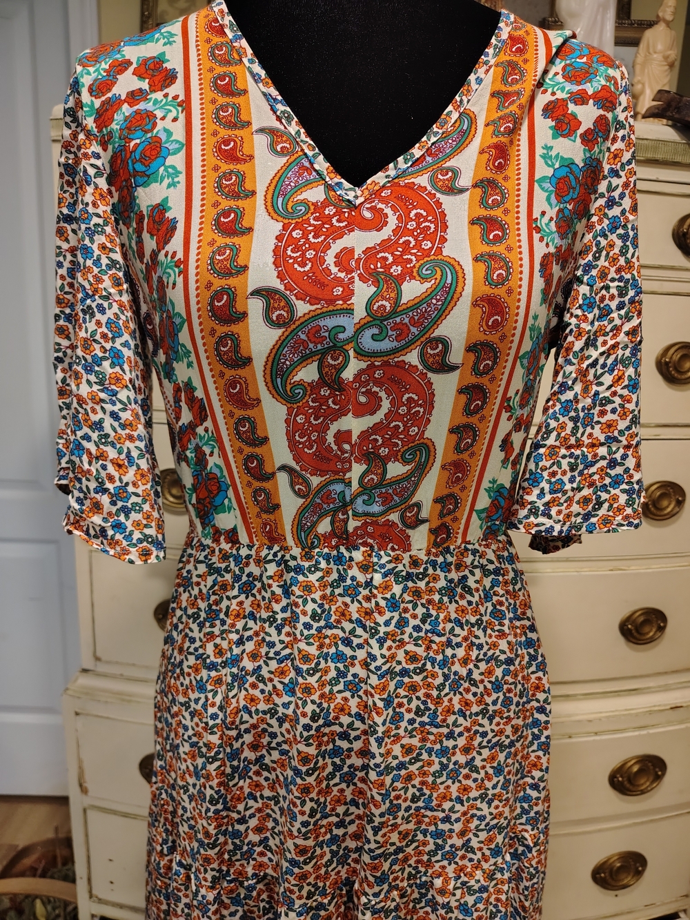 Printed Bohemian V-Neck Maxi Dress in Orange, Red, Blue and Teal - Picture 5 of 16